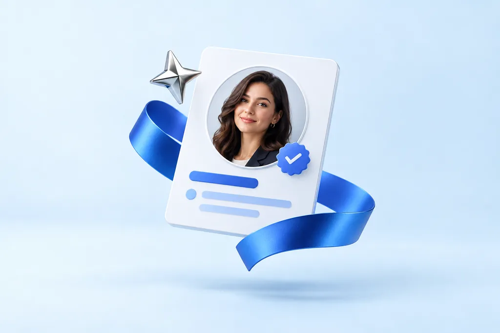 Illustration of a featured candidate profile with a blue ribbon