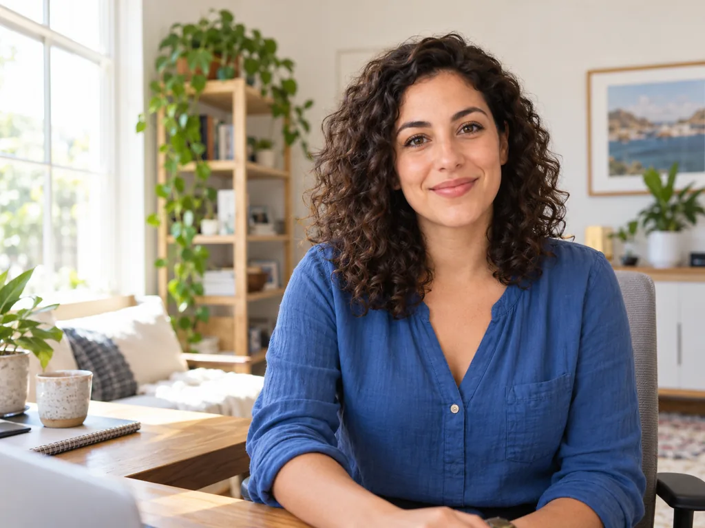 Illustrative candidate smiling at the camera in a bright home office