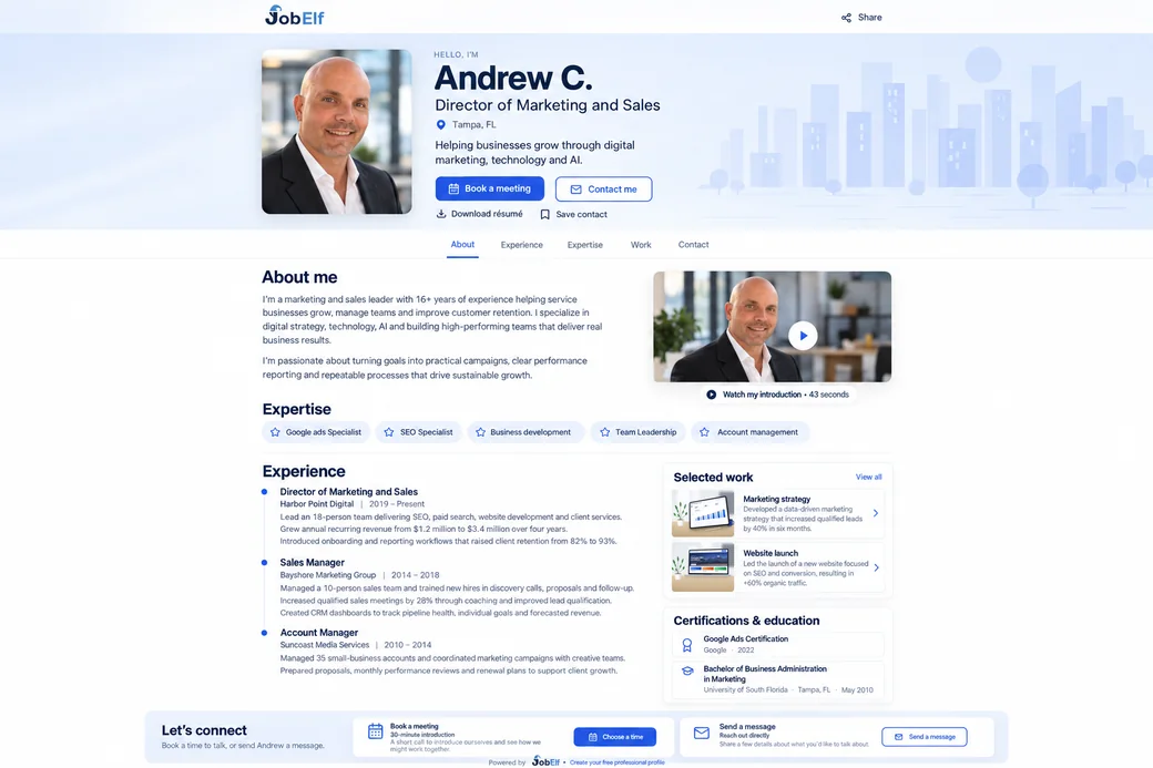 Example JobElf professional profile for Andrew C., Director of Marketing and Sales: photo, Book a meeting and Contact me buttons, About me, an introduction video, expertise, experience, selected work and certifications